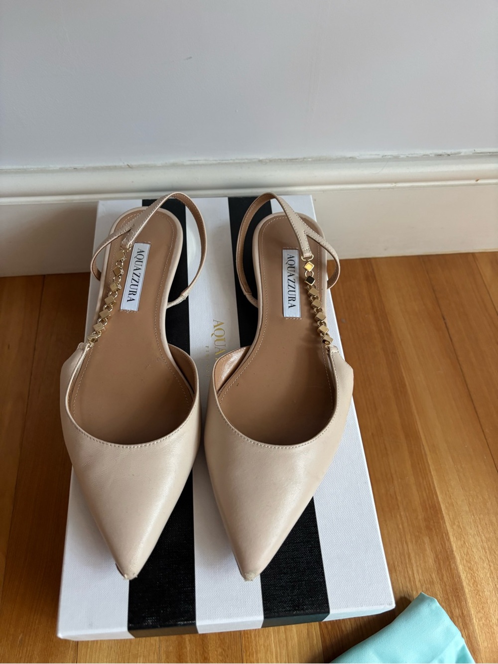 Aquazzura Cream Pointed Slingback Mules with Gold Chain Detail